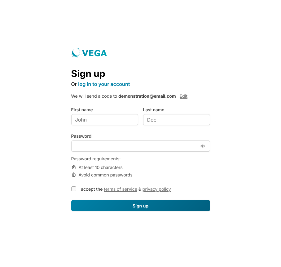 Vega signup process